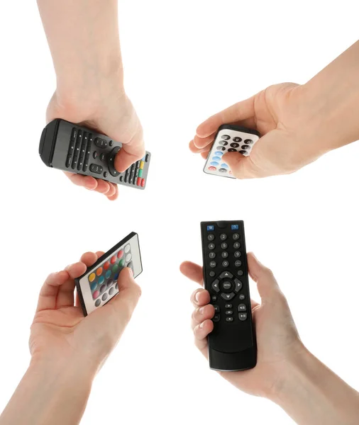 People Holding Different Remote Controllers White Background Closeup Collage Design — Stok Foto