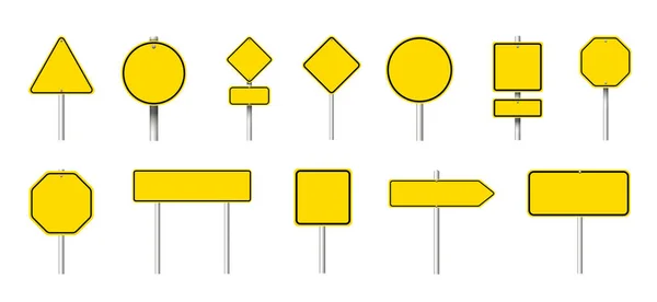 Different Yellow Blank Road Signs White Background Collage Design — Zdjęcie stockowe