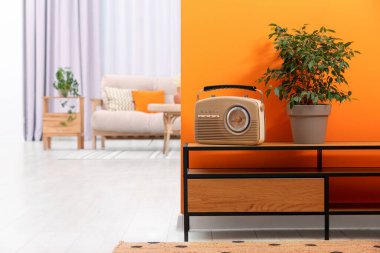 Retro radio receiver and houseplant on console table in stylish hallway, space for text. Interior design
