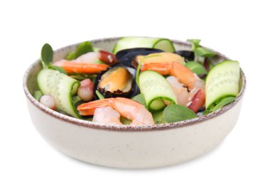 Bowl of delicious salad with seafood isolated on white