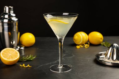 Limon dilimli martini bardağı ferahlatıcı kokteyl, taze meyve, biberiye, karıştırıcı ve siyah masa üzerinde limon sıkacağı.