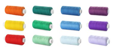 Beyaz arkaplanda farklı renklerde dikiş iplikleri