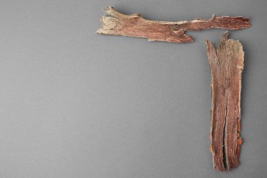 Gri arkaplanda ağaç kabuğu parçaları, metin için düz bir alan