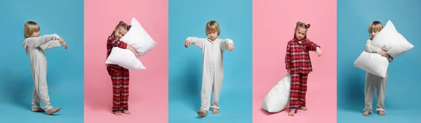 Collage with photos of children sleepwalking on different color backgrounds
