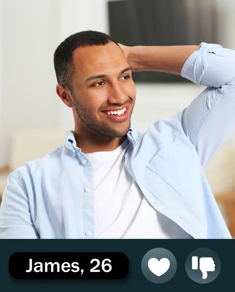 Dating site account of young African American man. Profile photo, information and icons
