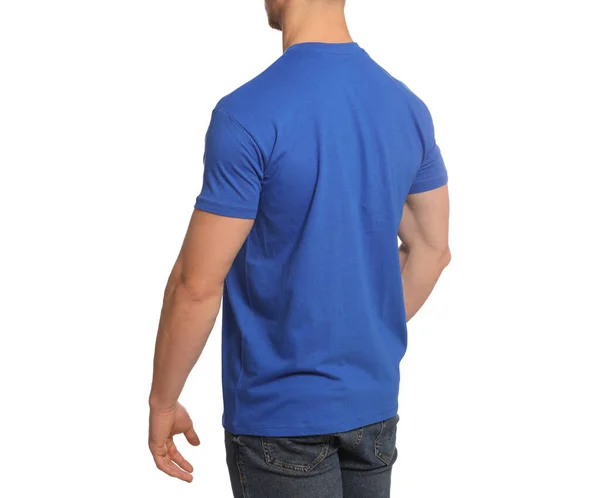 Man Wearing Blue Shirt White Background Closeup Mockup Design — Stockfoto