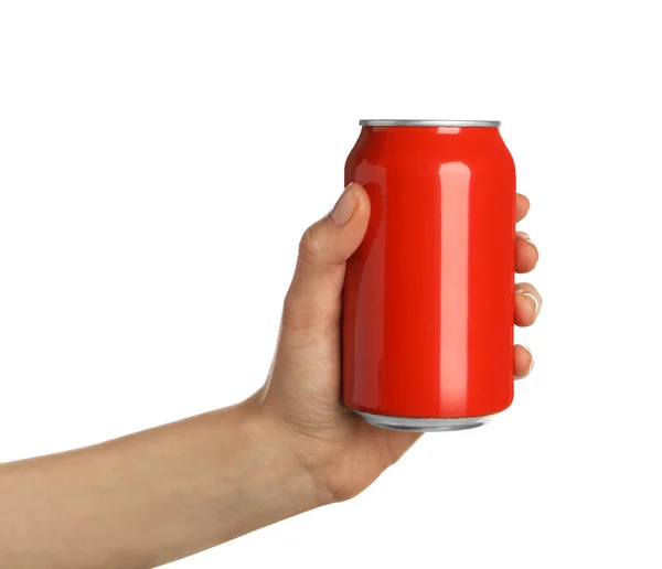 Woman Holding Red Aluminum Can White Background Closeup — Stock Photo, Image