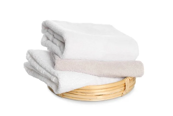 Wicker Basket Folded Bath Towels Isolated White — Foto de Stock
