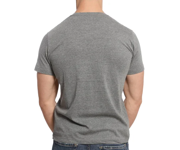 Man Wearing Grey Shirt White Background Back View Mockup Design — Fotografia de Stock