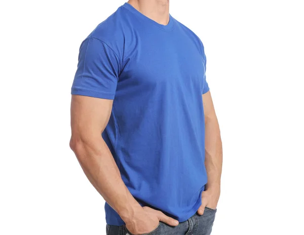 Man Wearing Blue Shirt White Background Closeup Mockup Design — Fotografia de Stock