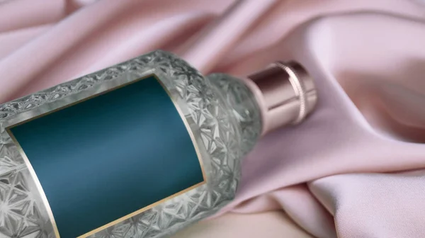 Botella Perfume Lujo Seda Beige Primer Plano — Foto de Stock