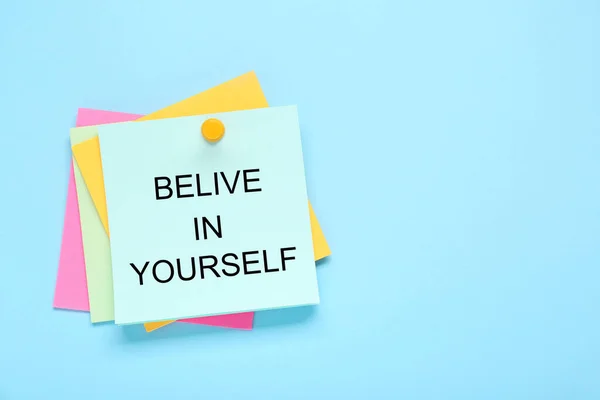 Notes Phrase Believe Yourself Light Blue Background Top View Motivational — Stock Photo, Image