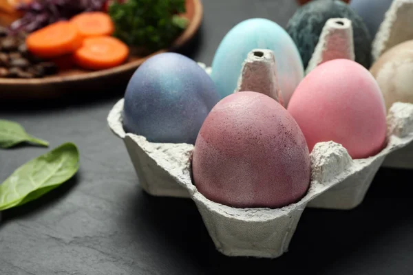 Easter Eggs Painted Natural Organic Dyes Black Table Closeup Space — 스톡 사진