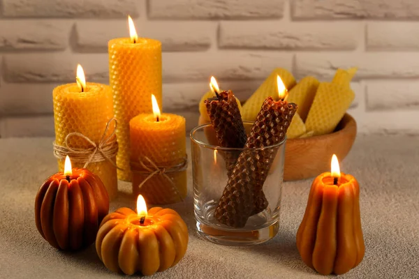 Beautiful Burning Beeswax Candles Light Textured Table — Stock Photo, Image