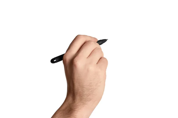 Άνδρας Κρατώντας Στυλό Λευκό Φόντο Closeup Του Χεριού — Φωτογραφία Αρχείου