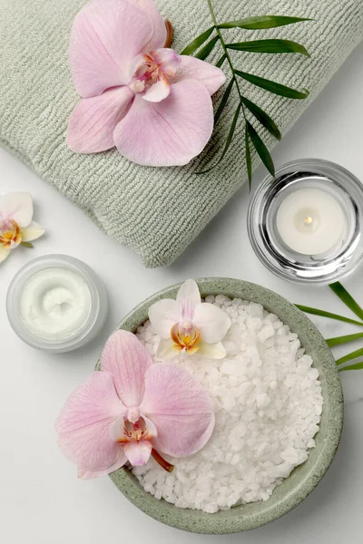 Flat Lay Composition Different Spa Products Flowers White Marble Table — Stockfoto