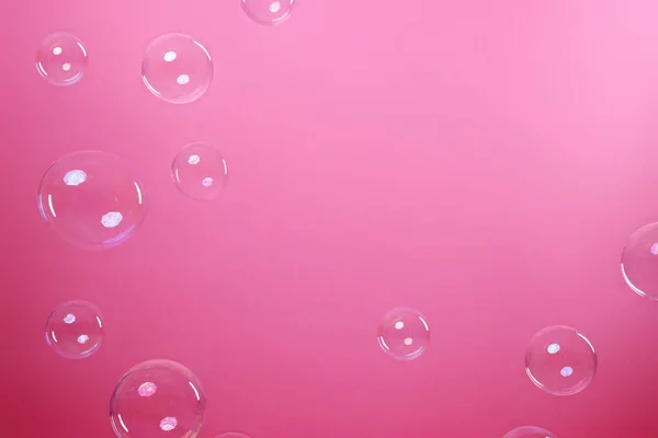 Many Beautiful Soap Bubbles Pink Background — Φωτογραφία Αρχείου