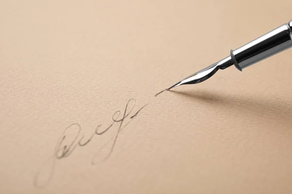 Signing Sheet Paper Fountain Pen Closeup Space Text — Stock Photo, Image