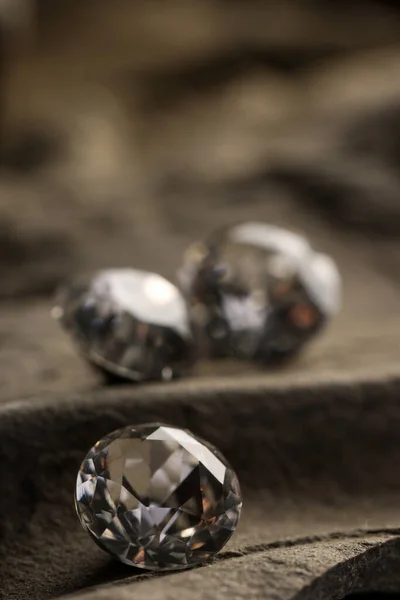 Three Beautiful Gemstones Jewelry Stone Surface Closeup Space Text — Zdjęcie stockowe