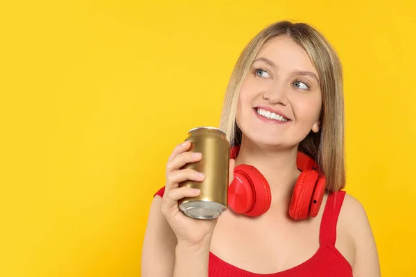 Beautiful Happy Woman Holding Beverage Can Yellow Background Space Text — 스톡 사진