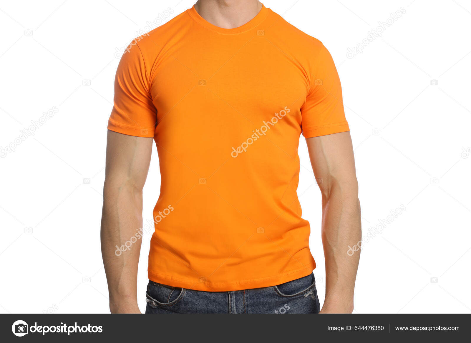 Man Wearing Orange Shirt White Background Closeup Mockup Design Stock