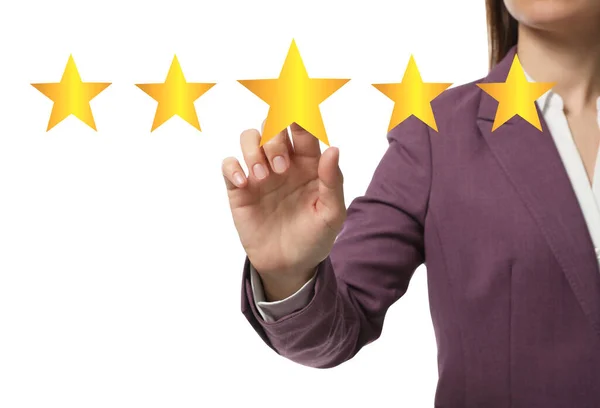 Quality Evaluation Businesswoman Touching Virtual Golden Star White Background Closeup — Foto Stock