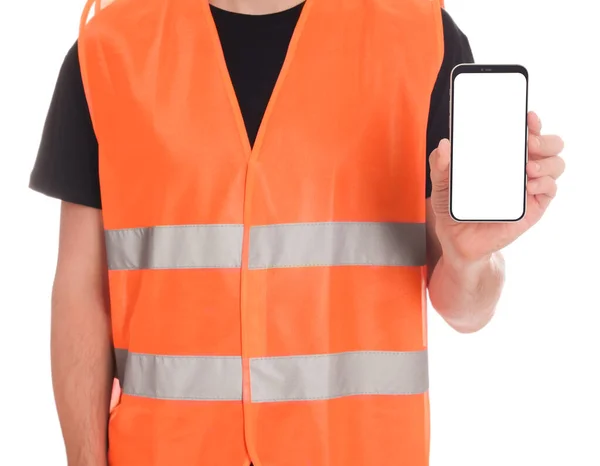 Wirtschaftsingenieur Uniform Mit Telefon Auf Weißem Hintergrund Nahaufnahme — Stockfoto