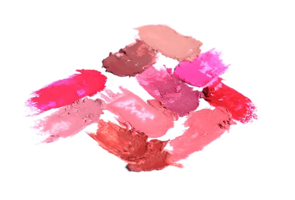 Smears Different Bright Lipsticks White Background — Stock Photo, Image