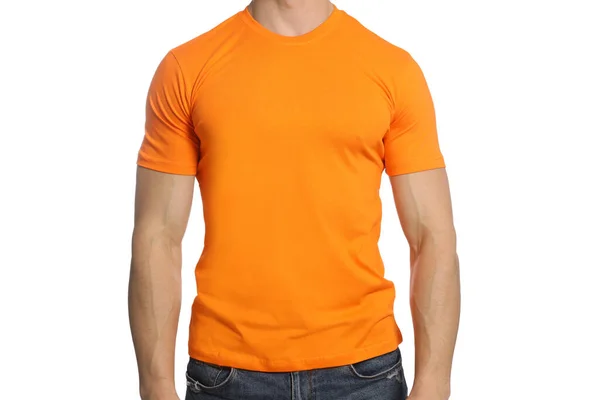 Hombre Vistiendo Camiseta Naranja Sobre Fondo Blanco Primer Plano Burla — Foto de Stock