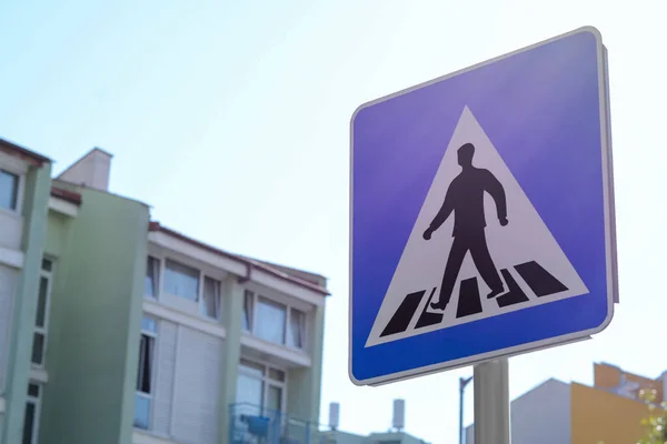 Post Traffic Sign Pedestrian Crossing Outdoors Space Text — Stock Photo, Image
