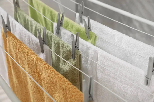 Clean Terry Towels Hanging Drying Rack Closeup — Stok fotoğraf