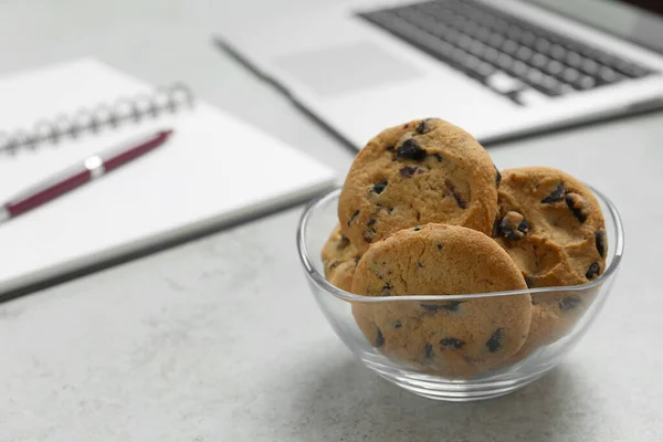 Chocolate Chip Cookies Light Gray Table Office Closeup Space Text — Stock Photo, Image