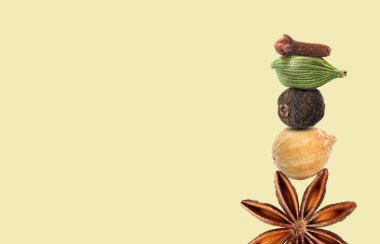 Soluk açık sarı arkaplanda farklı aromatik baharatlar birikmiş, metin için boşluk