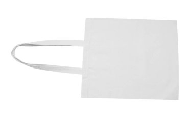 Blank beige textile bag on white background, top view. Mockup for design