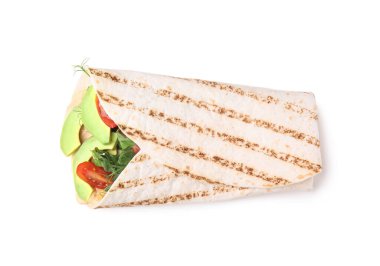 Delicious hummus wrap with vegetables isolated on white, top view