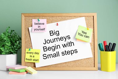 Motivasyon alıntıları olan mantar pano, saksı çiçeği ve beyaz masa üzerindeki işaretler.