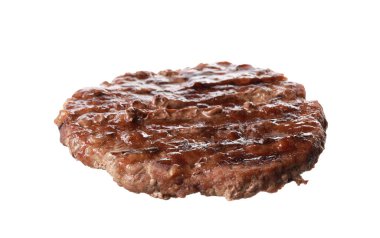 Lezzetli ızgara burger köftesi, beyaz üzerine izole edilmiş.