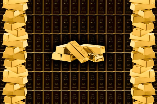 Colagem Com Muitas Barras Ouro Heap Empilhados Fundo — Fotografia de Stock