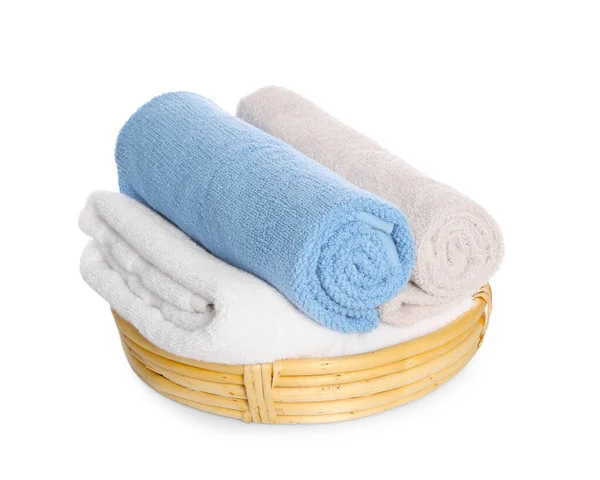 Wicker Basket Rolled Bath Towels Isolated White — Foto de Stock