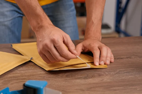 Post Office Worker Adhesive Paper Bag Counter Indoors Closeup — Stockfoto