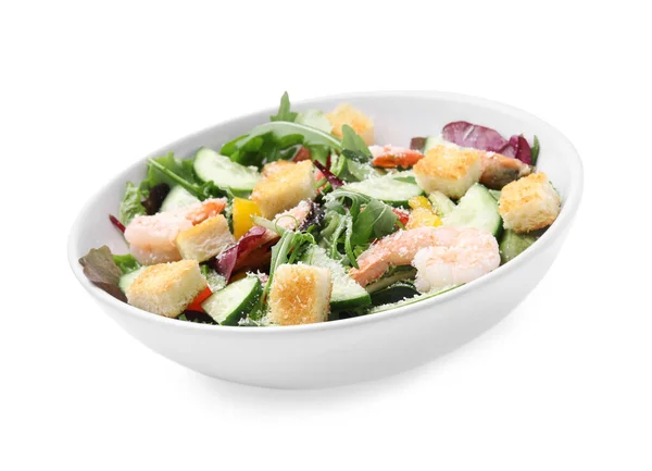 Delicious Salad Croutons Cucumber Shrimp Isolated White — Φωτογραφία Αρχείου