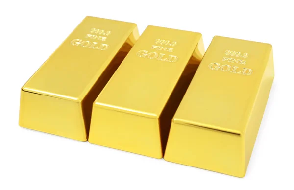 Drei Glänzende Goldbarren Isoliert Auf Weißem Grund — Stockfoto