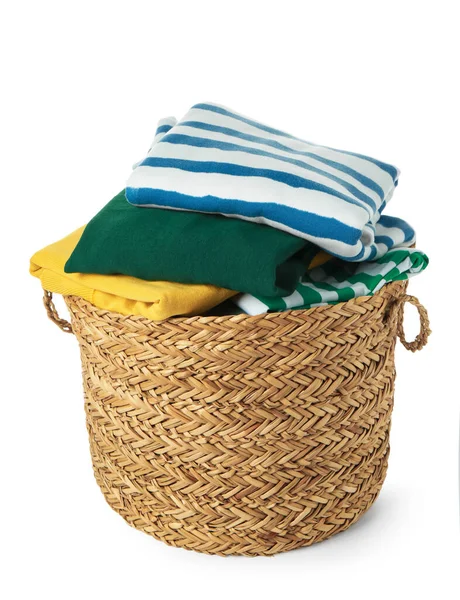 Wicker Laundry Basket Clean Clothes Isolated White — Stock Photo, Image
