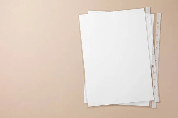 Punched Pockets Paper Sheets Light Grey Background Top View Space — Stock Photo, Image