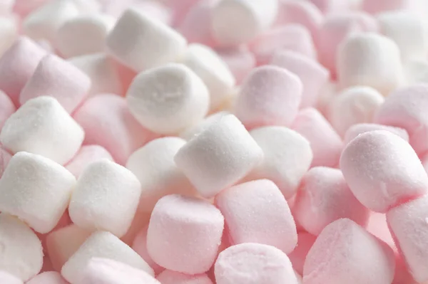 Delicious Puffy Pink White Marshmallows Background Closeup — Stockfoto