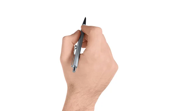 Mann Hält Stift Auf Weißem Hintergrund Nahaufnahme Der Hand — Stockfoto