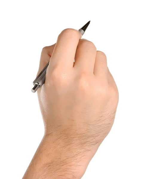 Man Met Pen Witte Achtergrond Close Van Hand — Stockfoto