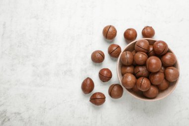 Açık gri masa üzerinde nefis organik Macadamia fındıkları. Metin için boşluk