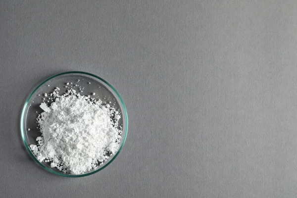 Petri Dish Calcium Carbonate Powder Grey Table Top View Space — Stock fotografie