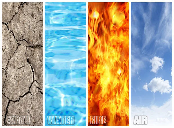 Set of four elements with their names. Earth, Water, Fire and Air